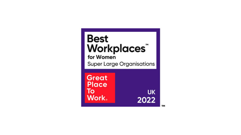 The logo of Great Places to Work. A blue background with overlaying text.