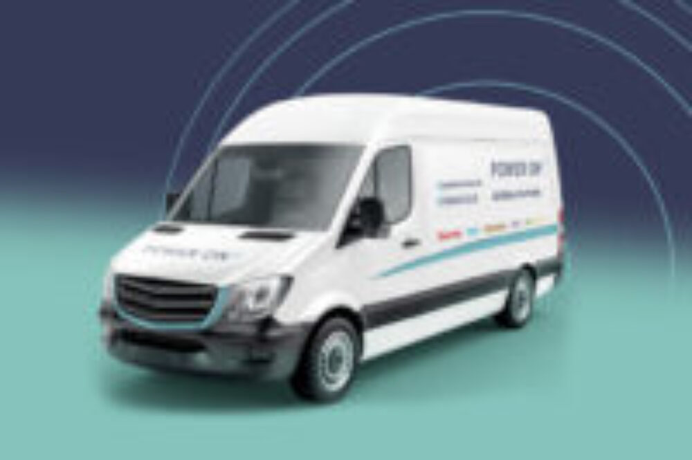 White van with the Power On logo on the side and bonnet, the background is a navy to teal gradient.