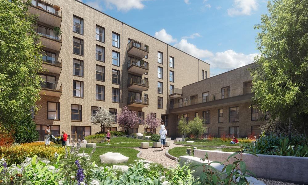 West Hendon Regeneration. A modern apartment block with gardens in the central courtyard.